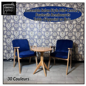 ensemble salon style mid century fauteuils rembourrés & table d'appoint en bois