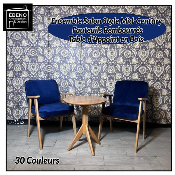 ensemble salon style mid century fauteuils rembourrés & table d'appoint en bois