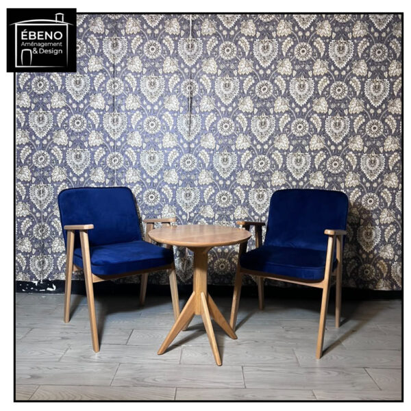 ensemble salon style mid century fauteuils rembourrés & table d'appoint en bois