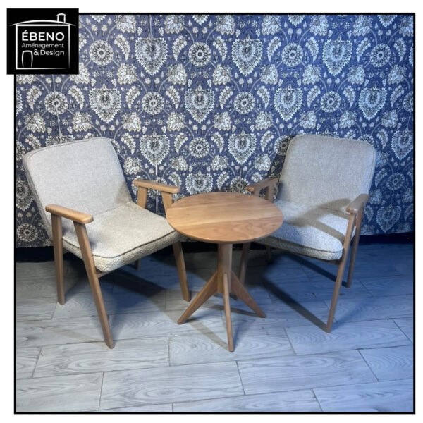 ensemble salon style mid century fauteuils rembourrés & table d'appoint en bois