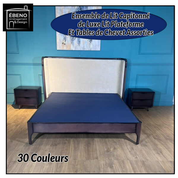 ensemble de lit capitonné de luxe lit plateforme et tables de chevet assorties
